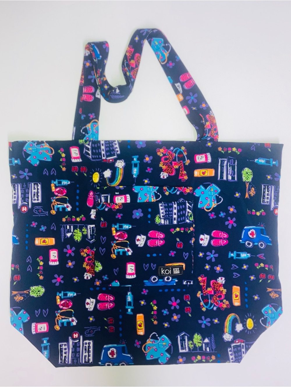 koi Navy Tote with Bright Multicolor Medical & City Icons
